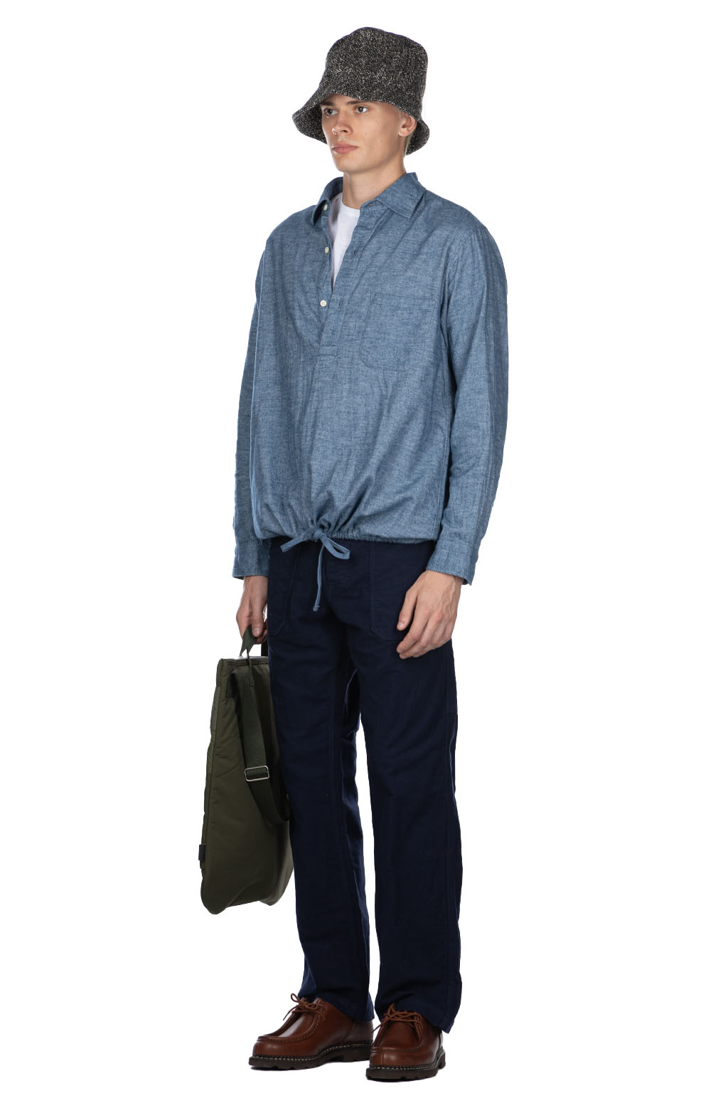 ts(s) - Color Chambray Cotton Flannel Cloth Hem String Shirt-Blue